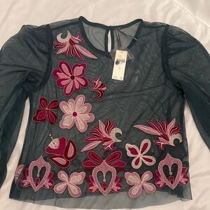 NWT Anthropologie Teal and Pink Floral Mesh Blouse